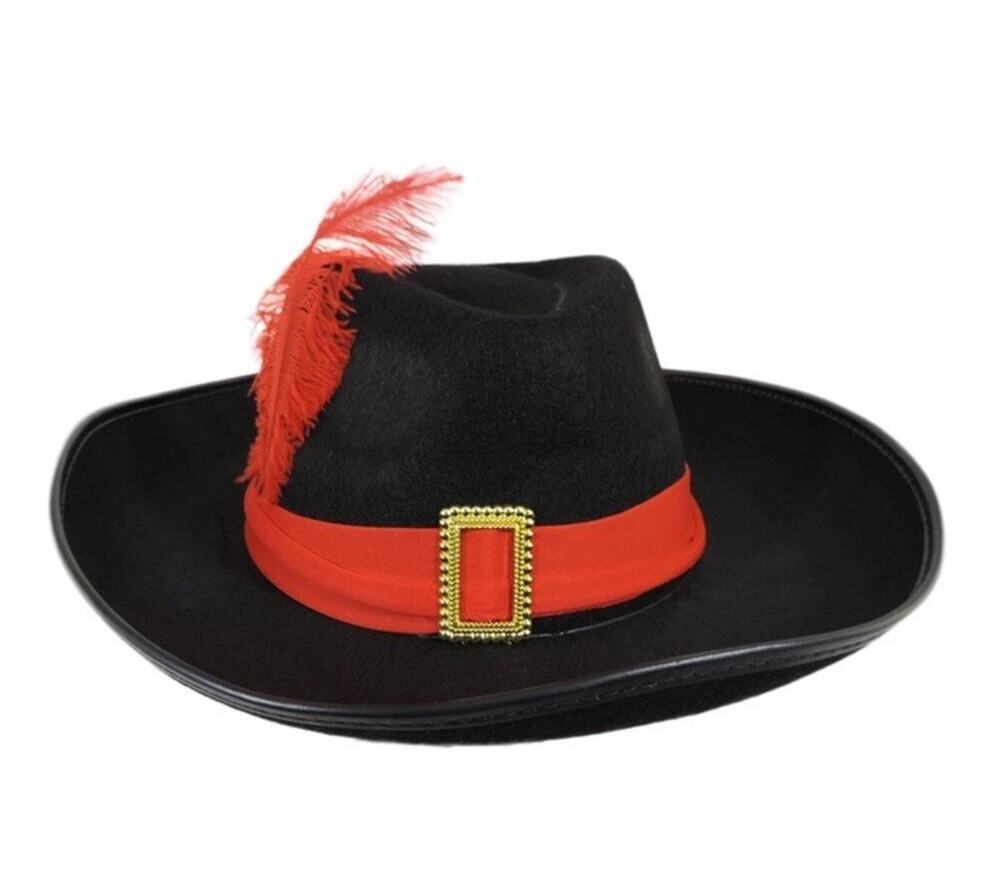 Three Musketeers Hat Costume Theatrical Pirate with Red Sash and Feather